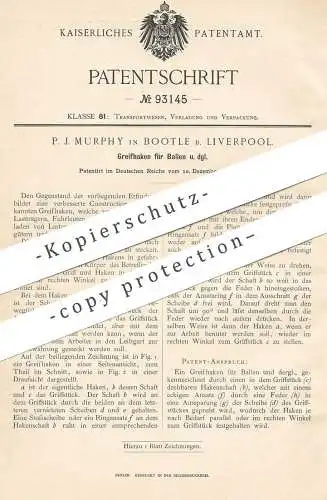 original Patent - P. J. Murphy , Liverpool / Bootle , 1896 , Greifhaken für Ballen | Haken , Fracht , Transport !!