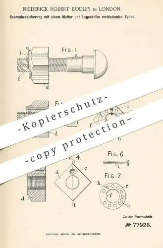 original Patent - Frederick Robert Bodley , London , 1894 , Schraubensicherung mit Splint | Schrauben | Werkzeug !!