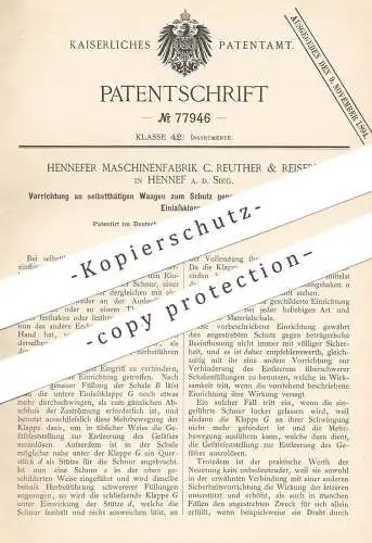 original Patent - Hennefer Maschinenfabrik C. Reuther & Reisert , Hennef / Sieg , 1893 , Schutz an Waagen | Waage !!!