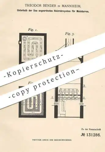 original Patent - Theodor Bender , Mannheim , 1900 , Heizrohrsystem für Malzdarren | Malz - Darre | Heizung für Darren