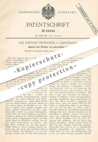 original Patent - Ole Kristian Thomasssen , Christiania , 1891 , Reinigen von gebrauchtem Öl | Öle , Altöl , Maschinenöl