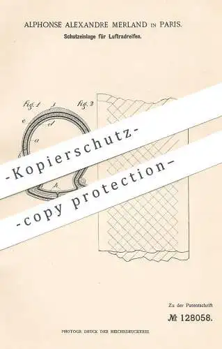 original Patent - Alphonse Alexandre Merland , Paris Frankreich , 1901 , Schutz für Luftradreifen | Luftreifen , Reifen