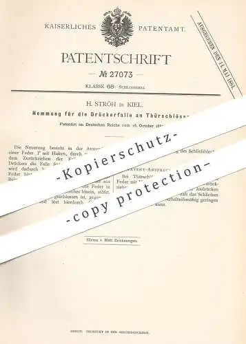 original Patent - H. Ströh , Kiel , 1883 , Hemmung für die Drückerfalle am Türschloss | Tür - Schloss | Schlosser !!!