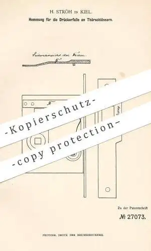 original Patent - H. Ströh , Kiel , 1883 , Hemmung für die Drückerfalle am Türschloss | Tür - Schloss | Schlosser !!!