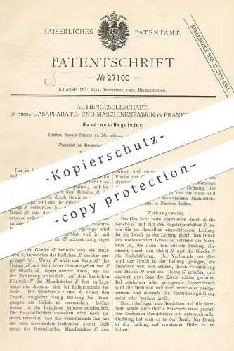 original Patent - AG Gasapparate- & Maschinenfabrik , Frankfurt / Main , 1883 , Gasdruck - Regulator | Gas , Brenner !