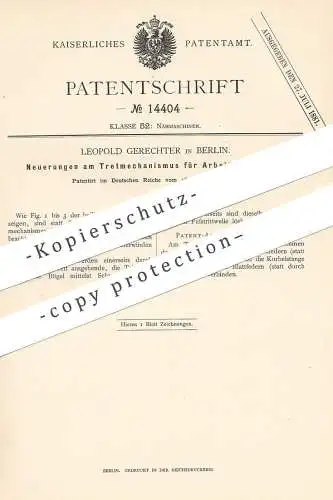 original Patent - Leopold Gerechter , Berlin , 1880 , Tretmechanismus für Nähmaschinen | Nähmaschine !!