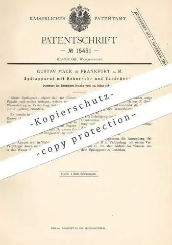 original Patent - Gustav Mack , Frankfurt / Main , 1881 , Spülapparat | WC - Spülung | Toilette , Kloset | Klempner !!!