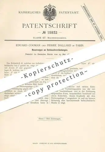 original Patent - Eduard Cooman , Pierre Dallard , Paris , Frankreich , 1881 , Schlauchverbindung | Schlauch | Feuerwehr