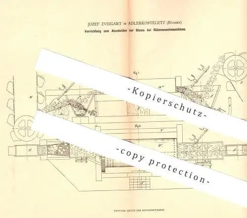 original Patent - Josef Zveigart , Adlerkosteletz / Böhmen , 1880 , Abscheiden der Steine bei Rüben - Waschmaschine !!