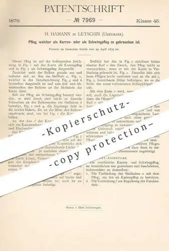 original Patent - H. Hamann , Letschin / Uckermark , 1879 , Pflug | Karrenpflug , Schwingpflug | Pflügen , Pflüge !!!