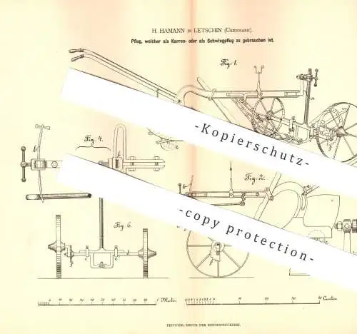 original Patent - H. Hamann , Letschin / Uckermark , 1879 , Pflug | Karrenpflug , Schwingpflug | Pflügen , Pflüge !!!