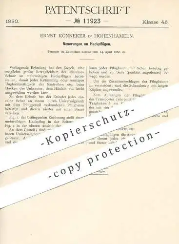 original Patent - Ernst Könneker , Hohenhameln , 1880 , Hackpflug | Pfug , Pflügen , Pflugbaum , Landwirtschaft !!!