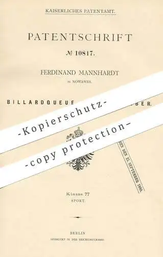 original Patent - Ferdinand Mannhardt , Nowawes , 1879 , Billardqueue aus Neusilber | Billard - Queue | Silber , Pool !!