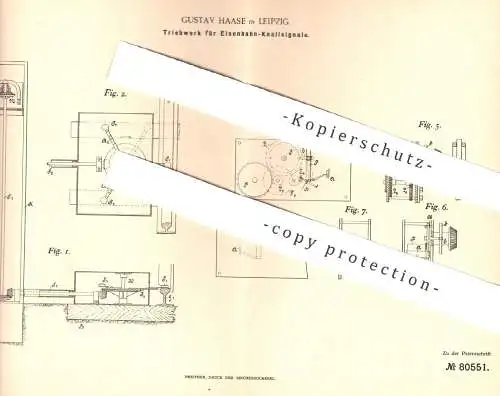 original Patent - Gustav Haase , Leipzig , 1894 , Triebwerk für Eisenbahn - Knallsignale | Eisenbahnen | Signal , Zug !!