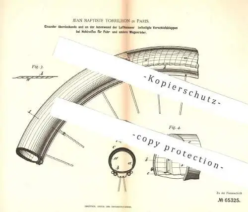 original Patent - Jean Baptiste Torrilhon , Paris , Frankreich , 1892 , Hohlreifen für Fahrrad , Wagenrad | Luft Reifen