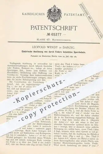 original Patent - Leopold Wendt , Danzig 1891 , Elektrische Auslösung für Bremsen , Federn , Türen | Strom , Elektriker