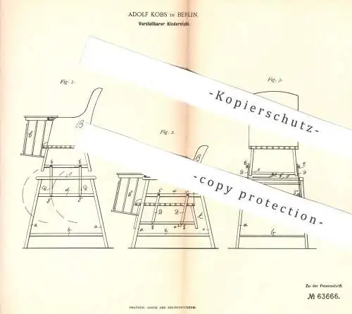 original Patent - Adolf Kobs , Berlin , 1891 , Verstellbarer Kinderstuhl | Stuhl für Kinder | Möbel , Tischler , Stühle