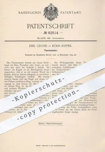 original Patent - Emil Grund , Köln / Nippes , 1894 , Thermometer aus Glas , Porzellan | Messing | Temperatur messen