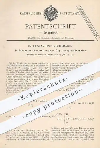 original Patent - Dr. Gustav Link , Wiesbaden , 1894 , Darstellung von Oxy-i-butyryl-Phenolen | Chemie | Willgerodt !!