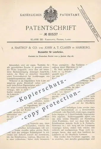 original Patent - A. Hastrup & Co. und John A. T. Clasen , Hamburg , 1894 , Bindemittel für Leimfarben | Farbe , Leim !