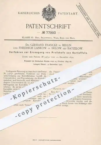 original Patent - Dr. Gerhard Francke , Berlin | Friedrich Lankow , Ihlow / Batzelow , Presshefe aus Kartoffeln | Hefe