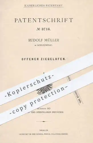 original Patent - Rudolf Müller , Schleusenau , 1877 , Offener Ziegelofen | Ziegel - Ofen | Ofenbauer , Öfen , Brennofen