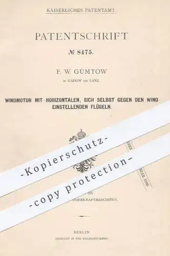 original Patent - F. W. Gumtow , Gadow bei Lanz , 1879 , Windmotor | Windrad , Windkraft , Windmühle , Wind - Mühle !!!