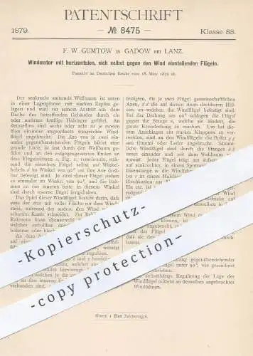 original Patent - F. W. Gumtow , Gadow bei Lanz , 1879 , Windmotor | Windrad , Windkraft , Windmühle , Wind - Mühle !!!