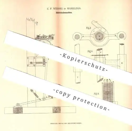 original Patent - C. F. Weissig , Marklissa / Polen , 1880 , Blattstechmaschine | Weben , Weber , Kettenfäden , Garn !!