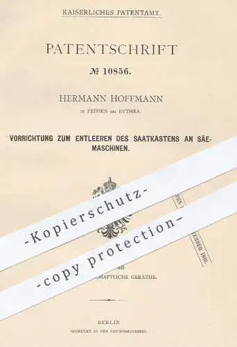 original Patent - Hermann Hoffmann , Peissen / Eythra / Halle / Saale  1880 , Saatkasten an Säemaschine | Aussaat , Saat