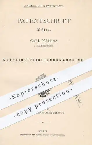 original Patent - Carl Pellenz , Manderscheid / Bitburg , 1878 , Getreide - Reinigungsmaschine | Landwirtschaft , Mühle