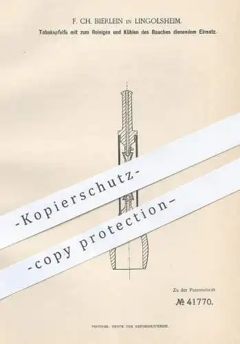 original Patent - F. Ch, Bierlein , Lingolsheim / Straßburg , 1887 , Tabakspfeife | Tabak - Pfeife | Rauchen , Zigarren