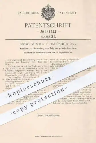 original Patent - Georg Greser , Rheingönheim / Pfalz / Mannheim / Rhein , 1902 , Teigmaschine | Brot , Bäcker , Teig !