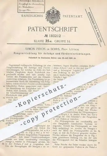 original Patent - Simon Piron , Boirs , Lüttich , 1905 , Fangvorrichtung für Aufzug , Fahrstuhl , Kran | Hebezeug !!!