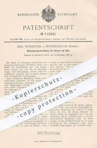 original Patent - Max Wohryzek , Hohenmauth / Böhmen , 1898 , Befestigung für Sensen am Stiel | Sense , Geräte , Gärtner