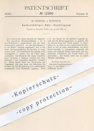 original Patent - M. Gerner , Rostock , Mecklenburg , 1880 , Selbsttätiger Gähr - Ventilspund | Bier , Brauerei , Ventil