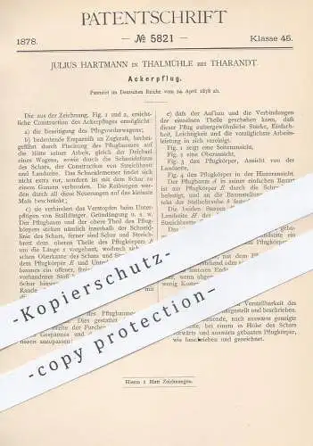 original Patent - Julius Hartmann , Thalmühle / Tharandt , 1878 , Ackerpflug | Pflug , Pflügen , Landwirtschaft , Bauer