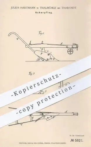 original Patent - Julius Hartmann , Thalmühle / Tharandt , 1878 , Ackerpflug | Pflug , Pflügen , Landwirtschaft , Bauer