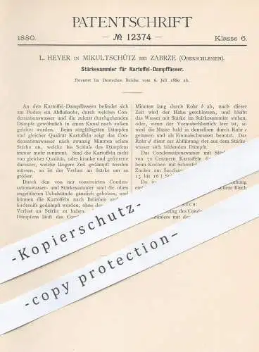 original Patent - L. Heyer , Mikultschütz / Zabrze , Oberschlesien , 1880 , Stärkesammler für Kartoffel - Dampffass !!