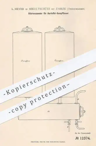 original Patent - L. Heyer , Mikultschütz / Zabrze , Oberschlesien , 1880 , Stärkesammler für Kartoffel - Dampffass !!