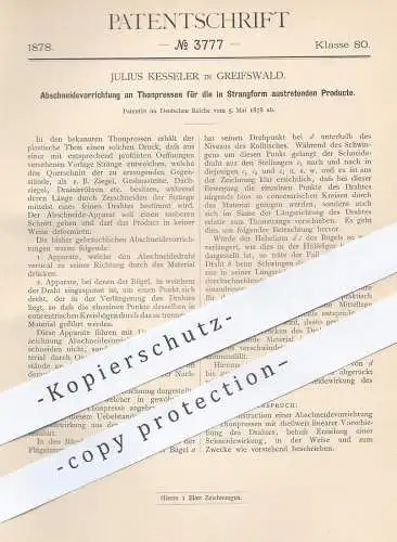 original Patent - Julius Kesseler , Greifswald , Mecklenburg , 1878 , Tonpresse | Ton , Thon , Keramik , Dachziegel !!!