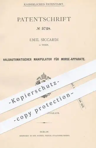 original Patent - Emil Siccardi , Turin , Italien , 1877 , Halbautomatischer Manipulator für Morse - Apparat | Morsen !!