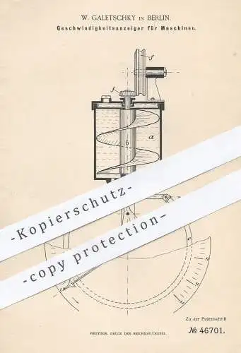 original Patent - W. Galetschky , Berlin , 1888 , Geschwindigkeitsanzeiger für Maschinen | Tacho , Tachometer | Bourdon