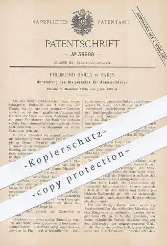 original Patent - Philimond Bailly , Paris , 1886 , Bleigerüst für Akkumulator | Akku , Strom , Batterie , Elektriker !!