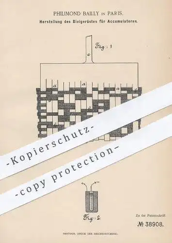 original Patent - Philimond Bailly , Paris , 1886 , Bleigerüst für Akkumulator | Akku , Strom , Batterie , Elektriker !!