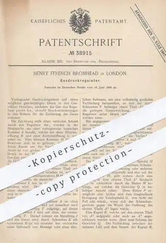 original Patent - Henry Ffrench Bromhead , London , England , 1886 , Gasdruckregulator | Gas - Druckregulator | Gasmotor