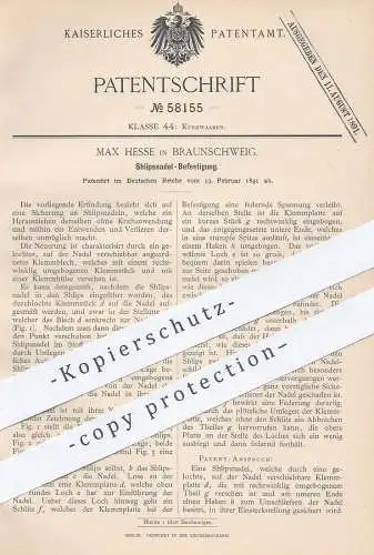 oiginal Patent - Max Hesse , Braunschweig , 1891 , Schlipsnadel - Befestigung | Schlips , Krawatte , Nadel , Schneider !