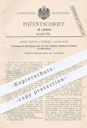 original Patent - Adolf Heyne , Lisdorf / Saarlouis , 1903 , Holzspitze mit Leder am Billardstock | Queue | Billard !!