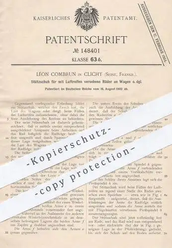 original Patent - Léon Combrun , Clichy / Seine , Frankreich 1902 , Stützschuh für Wagen - Räder mit Luftreifen | Reifen