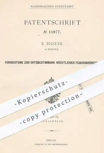 original Patent - E. Hoese , Rostock , Mecklenburg , 1880 , Ortsbestimmung von Feuer | Feuerwehr , Alarm , Brandschutz